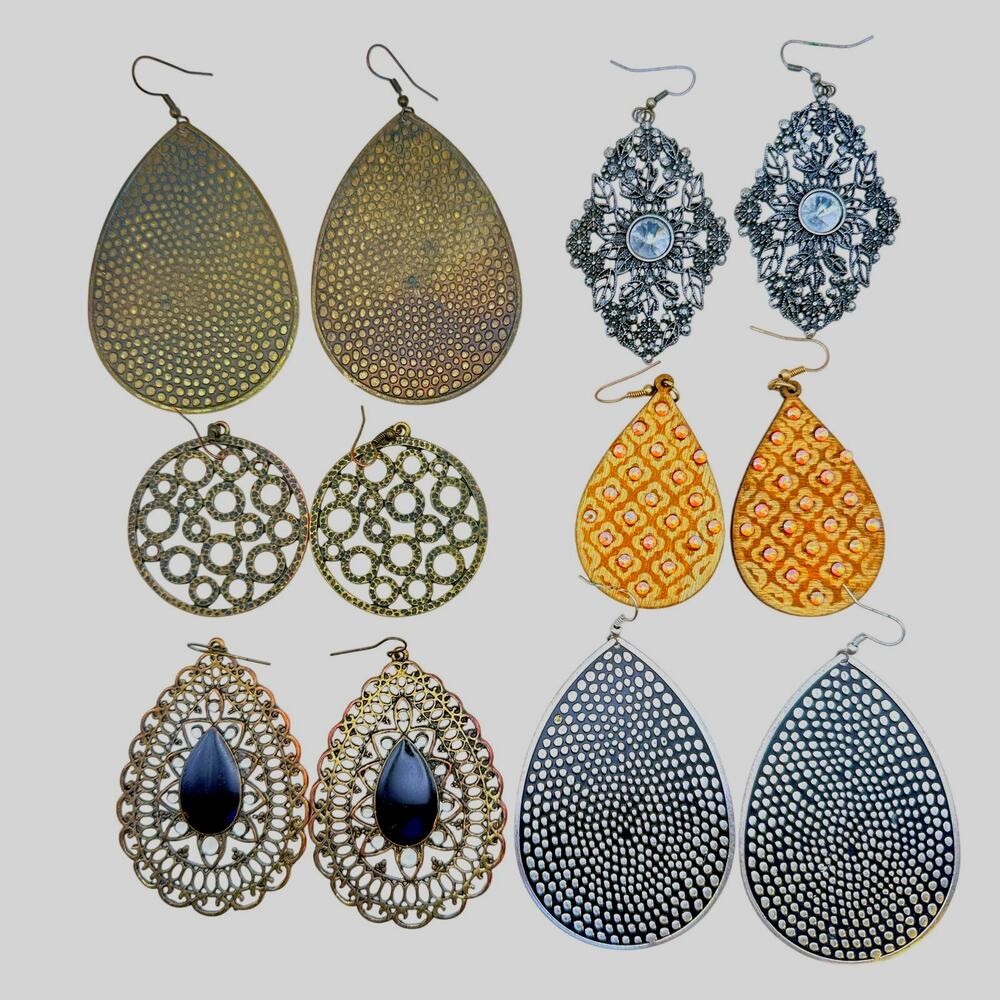 Lot of 6 Pairs Large Boho Statement Earrings Indian Filigree Golden Brass Wood